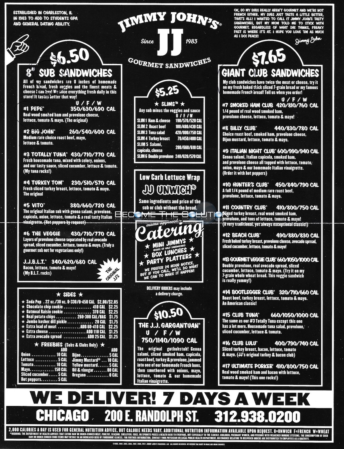 Jimmy Johns Carry Out Menu Chicago (Scanned Menu With Prices)